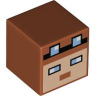 Minifig Head Special, Cube with Pixelated Face, Medium Blue Eyes, Glasses Print Dark Orange