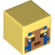 Minifig Head Special, Cube with Pixelated Nougat Face, Blue Markings Print Leuchtendes Hellgelb