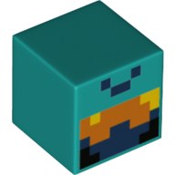 Minifig Head Special, Cube with Pixelated Orange, Yellow and Dark Blue Squares, Nether Adventurer Face Print Dark Turquoise