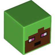 Minifig Head Special, Cube with Reddish Brown Face, Magenta Eyes Print Bright Green