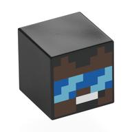 Minifig Head Special, Cube with Pixelated Umber Brown Face, Bleu/Bright Light Blue Visor, White Mouth Black
