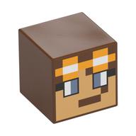 Minifig Head Special, Cube with Pixelated Tan Face, Sand Blue Eyes, Goggles print Reddish Brown