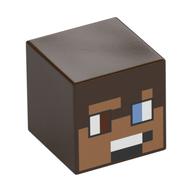 Minifig Head Special, Cube with Nougat Face, Reddish Brown/Medium Blue Eyes, White/Black Mouth print Dark Brown