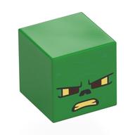 Minifig Head Special, Cube with Semi-Pixelated Zombie, Angry, Bright Light Yellow Eyes, Mouth, Dark Green Wrinkles print Bright Green