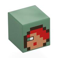Minifig Head Special, Cube with Pixelated Medium Nougat Dace, Red Hair, Olive Green Eye, Dark Brown Hood print Sand Green