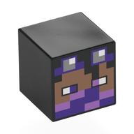 Minifig Head Special, Cube with Pixelated Medium Brown Face, Dark Purple Goggles, Dark Purple/Medium Lavender Eyes, Bandana print Schwarz