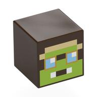 Minifig Head Special, Cube with Pixelated Lime Face, Bright Light Blue Eyes, Tan Forhead print Dark Brown