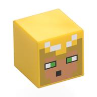 Minifig Head Special, Cube with Pixelated Nougat Face, Gold Hood, Bright Green Eyes print Yellow