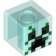 Minifig Head Special, Cube with Charged Creeper Face Print Transparent-Hellblau