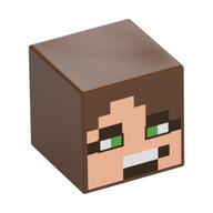 Minifig Head Special, Cube with Pixelated Light Nougat and Dark Brown Face, Bright Green Eyes Print Rotbraun