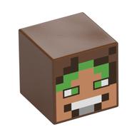 Minifig Head Special, Cube with Pixelated Medium Nougat Face, Bright Green Hair and Eyes Print Reddish Brown