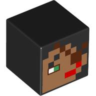 Minifig Head Special, Cube with Pixelated Face, Red Lips, Bright Green Eye, Reddish Brown Eyepatch Print Black