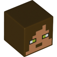 Minifig Head Special, Cube with Pixelated Medium Nougat Face, Lime Eyes Print Dark Brown