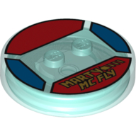 Function Brick Round 4 × 4 × 2/3 with 2 Studs and Yellow 'MARTY MC FLY' Print Trans-Light Blue
