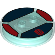 Function Brick Round 4 × 4 × 2/3 with 2 Studs and Dark Red 'DW' Print Trans-Light Blue