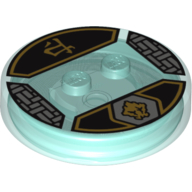 Function Brick Round 4 × 4 × 2/3 with 2 Studs and Black and Gold Cole Symbol and Asian Character Print Trans-Light Blue