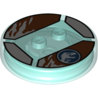 Function Brick Round 4 × 4 × 2/3 with 2 Studs and Jurassic World Symbol and Brown Ragged Edges Print Trans-Light Blue