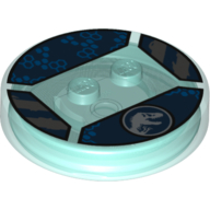 Function Brick Round 4 × 4 × 2/3 with 2 Studs and Jurassic World Symbol and Blue Hexagons Print Trans-Light Blue