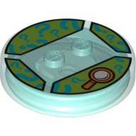 Function Brick Round 4 × 4 × 2/3 with 2 Studs and Orange Magnifying Glass Print Trans-Light Blue