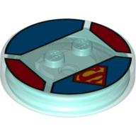 Function Brick Round 4 × 4 × 2/3 with 2 Studs and Yellow and Red Superman Logo Print Trans-Light Blue