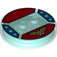 Function Brick Round 4 × 4 × 2/3 with 2 Studs and Gold Wonder Woman Symbol Print Transparent-Hellblau