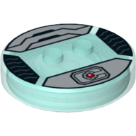 Function Brick Round 4 × 4 × 2/3 with 2 Studs and Silver Cyborg Symbol Print Trans-Light Blue