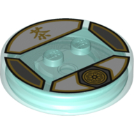 Function Brick Round 4 × 4 × 2/3 with 2 Studs and Gold Sensei Wu Symbol and Asian Character Print Trans-Light Blue
