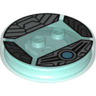 Function Brick Round 4 × 4 × 2/3 with 2 Studs and Silver Armor with Scales and Blue Circle print Transparent-Hellblau