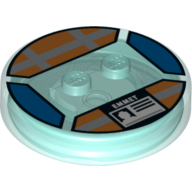 Function Brick Round 4 × 4 × 2/3 with 2 Studs and ID Badge with 'EMMET' Print Transparent-Hellblau
