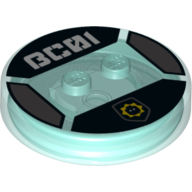 Function Brick Round 4 × 4 × 2/3 with 2 Studs and Bad Cop Symbol and White 'BC01' Print Trans-Light Blue