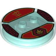 Function Brick Round 4 × 4 × 2/3 with 2 Studs and Red and Gold Kai Symbol and Asian Character Print Transparent-Hellblau