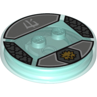 Function Brick Round 4 × 4 × 2/3 with 2 Studs and Gold Zane Symbol and White Asian Character Print Trans-Light Blue
