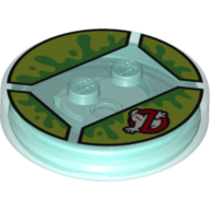 Function Brick Round 4 × 4 × 2/3 with 2 Studs and Ghostbusters Logo and Bright Green Slime Print Trans-Light Blue