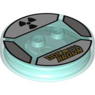 Function Brick Round 4 × 4 × 2/3 with 2 Studs and Gold 'DOC BROWN' and Black Radioactive Symbol print Trans-Light Blue