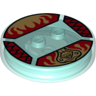 Function Brick Round 4 × 4 × 2/3 with 2 Studs and Gold Chima Lion Symbol and Red Fire Print Transparent-Hellblau