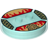 Function Brick Round 4 × 4 × 2/3 with 2 Studs and Gold Chima Croc Symbol and Red Fire Print Transparent-Hellblau