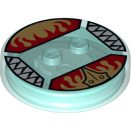 Function Brick Round 4 × 4 × 2/3 with 2 Studs and Gold Chima Eagle Symbol and Red Fire Print Trans-Light Blue
