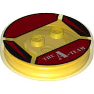 Function Brick Round 4 × 4 × 2/3 with 2 Studs and Red Triangles and 'THE A-TEAM' print Transparent-Gelb