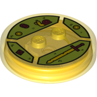 Function Brick Round 4 × 4 × 2/3 with 2 Studs and Snail, Sword, Coins and Gems Print Trans-Yellow