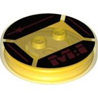 Function Brick Round 4 × 4 × 2/3 with 2 Studs and Red Lines and 'M:I' on Black Background print Transparent-Gelb