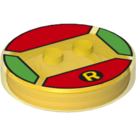 Function Brick Round 4 × 4 × 2/3 with 2 Studs and Yellow 'R' Logo on Red Background Print Transparent-Gelb