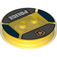 Function Brick Round 4 × 4 × 2/3 with 2 Studs and Gold Police Badge and 'POLICE' Print Transparent-Gelb