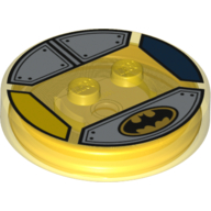 Function Brick Round 4 × 4 × 2/3 with 2 Studs and Batman Logo and Silver Plates Print Trans-Yellow