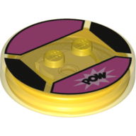 Function Brick Round 4 × 4 × 2/3 with 2 Studs and "POW" on Bright Light Pink Background Print Transparent-Gelb