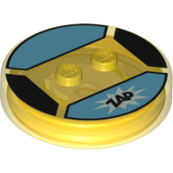 Function Brick Round 4 × 4 × 2/3 with 2 Studs and "ZAP" on Light Aqua Background Print Transparent-Gelb