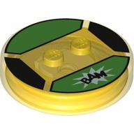 Function Brick Round 4 × 4 × 2/3 with 2 Studs and "BAM" on Bright Light Blue Background Print Trans-Yellow