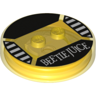Function Brick Round 4 × 4 × 2/3 with 2 Studs and "Beetle Juice" Print Transparent-Gelb