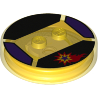 Function Brick Round 4 × 4 × 2/3 with 2 Studs and Red, Yellow and Dark Purple Shooting Star Print Transparent-Gelb