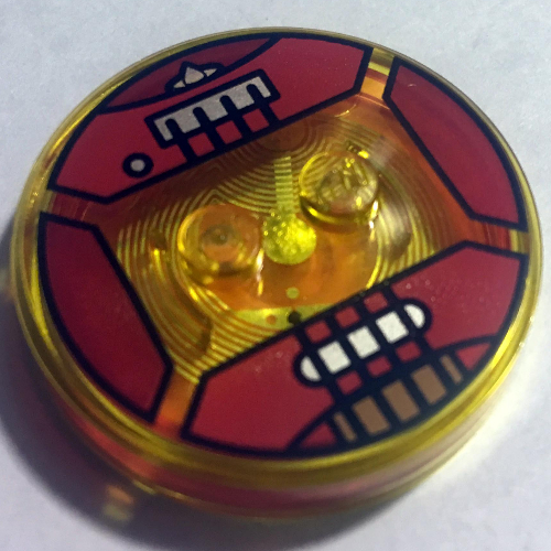 Function Brick Round 4 × 4 × 2/3 with 2 Studs and Red Guitar with Strings Print Trans-Yellow