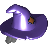 Hair and Hat, Floppy Witch Hat with Dark Bluish Gray Hair and Orange Patch Print Dunkellila